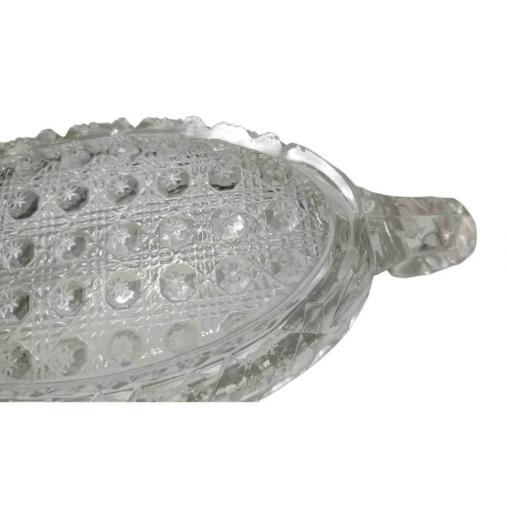 Antique Imperial Glass‎ Bowl 495 Hobstar Band with Cane Dish 1914 Double Handles